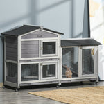Wooden Rabbit Hutch Guinea Pig Cage W/ Wheels, Run, Ramp | Gray