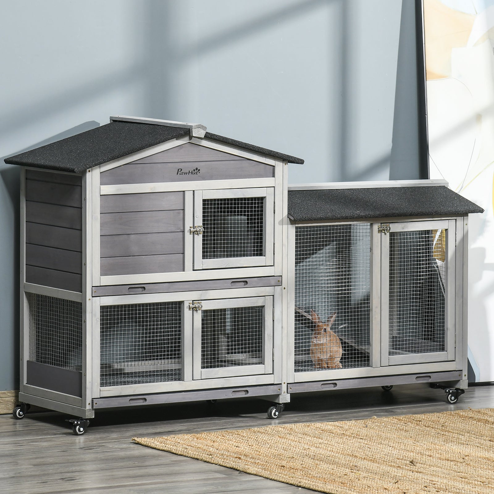 Wooden Rabbit Hutch Guinea Pig Cage W/ Wheels, Run, Ramp | Gray