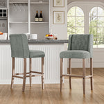 Elegant Set Of 2 Bar Stools Linen Tufted With Wood Legs & Low Back | Light Grey