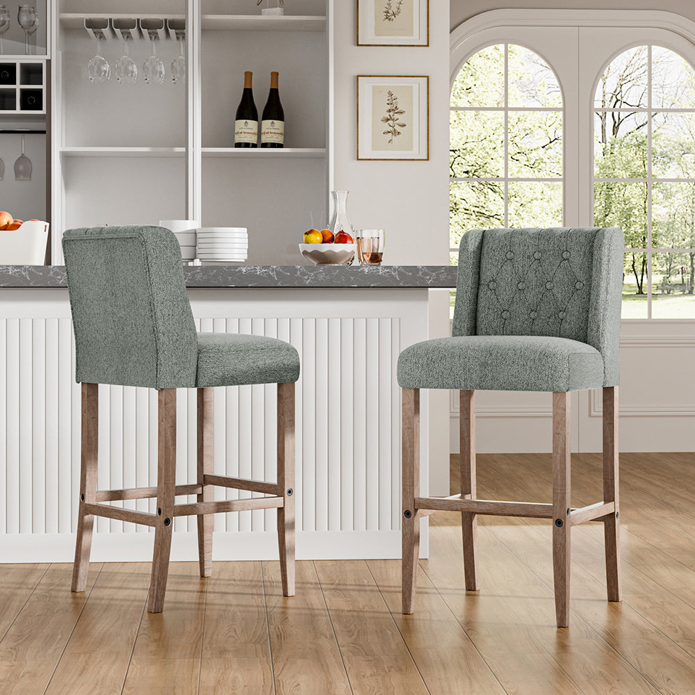 Elegant Set Of 2 Bar Stools Linen Tufted With Wood Legs & Low Back | Light Grey