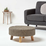 HOMESCAPES Black And Natural Circular Footstool With Diamond Pattern