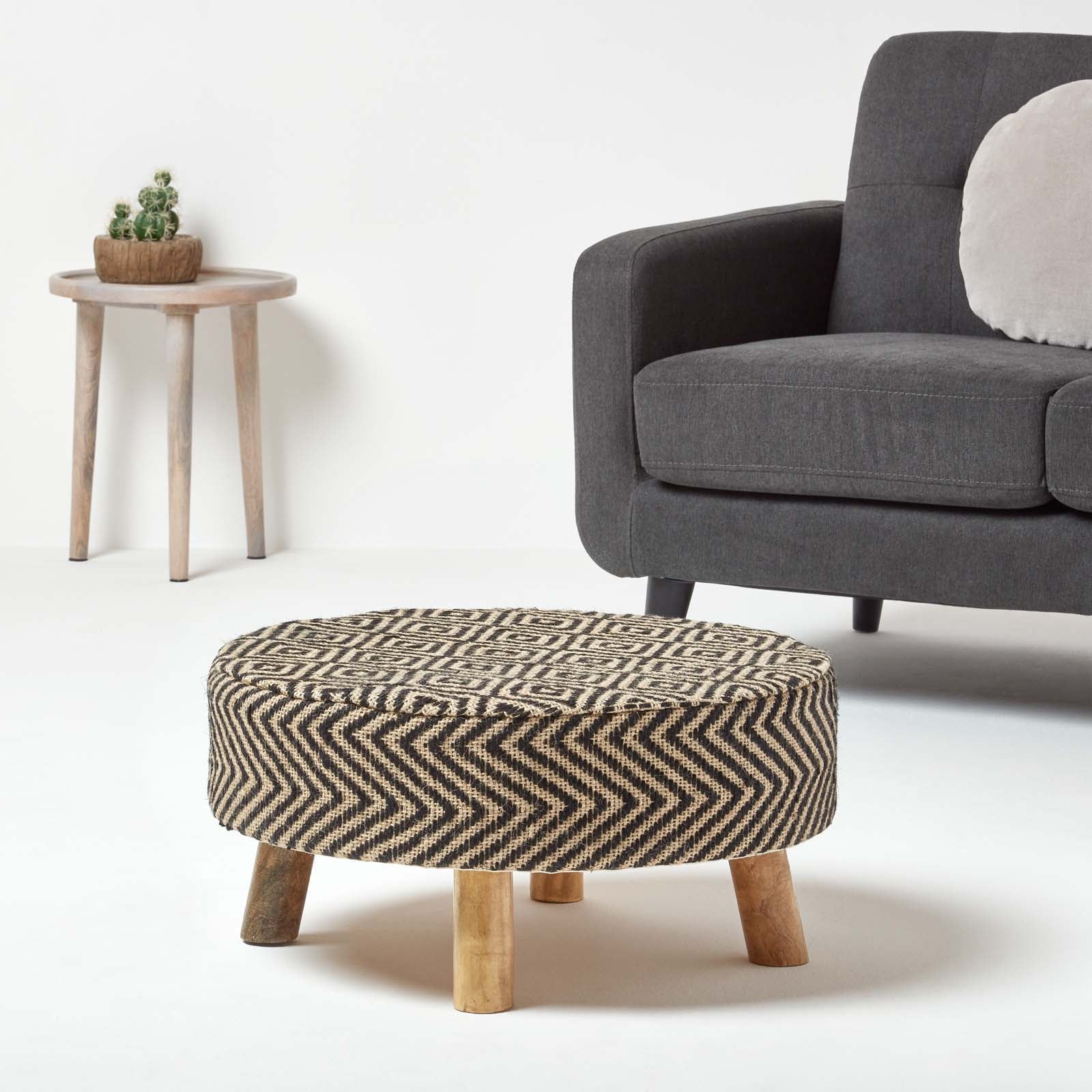HOMESCAPES Black And Natural Circular Footstool With Diamond Pattern
