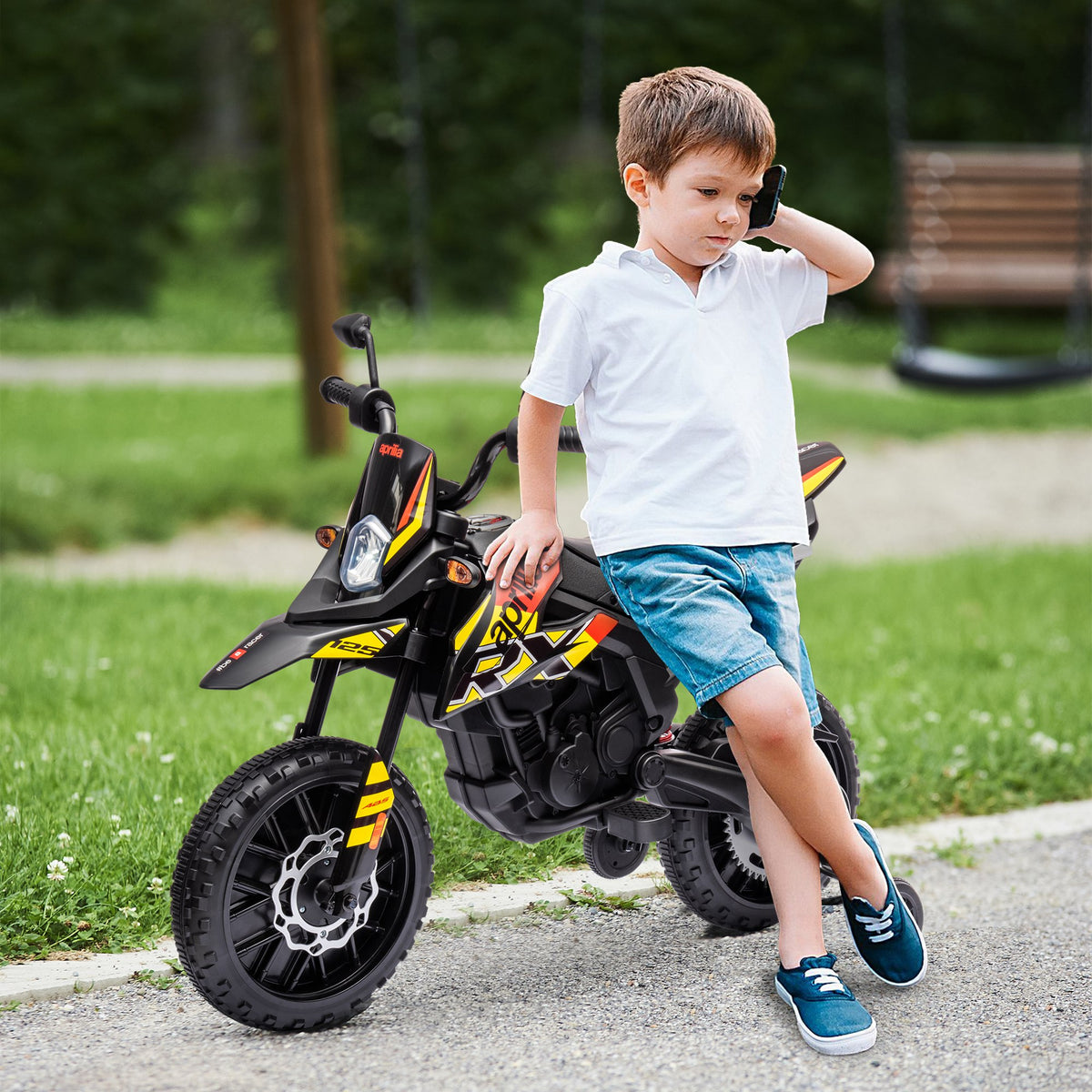 12v Aprilia Licenced Kids Electric Motorbike With Training Wheels | Yellow