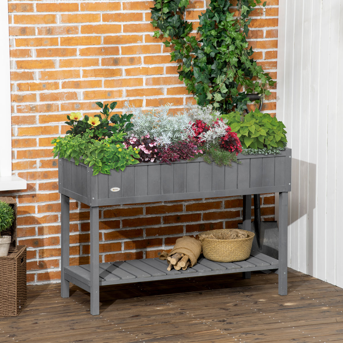 Outsunny Wooden Herb Planter Stand 8 Cubes Bottom Shelf Raised Bed Dark Grey