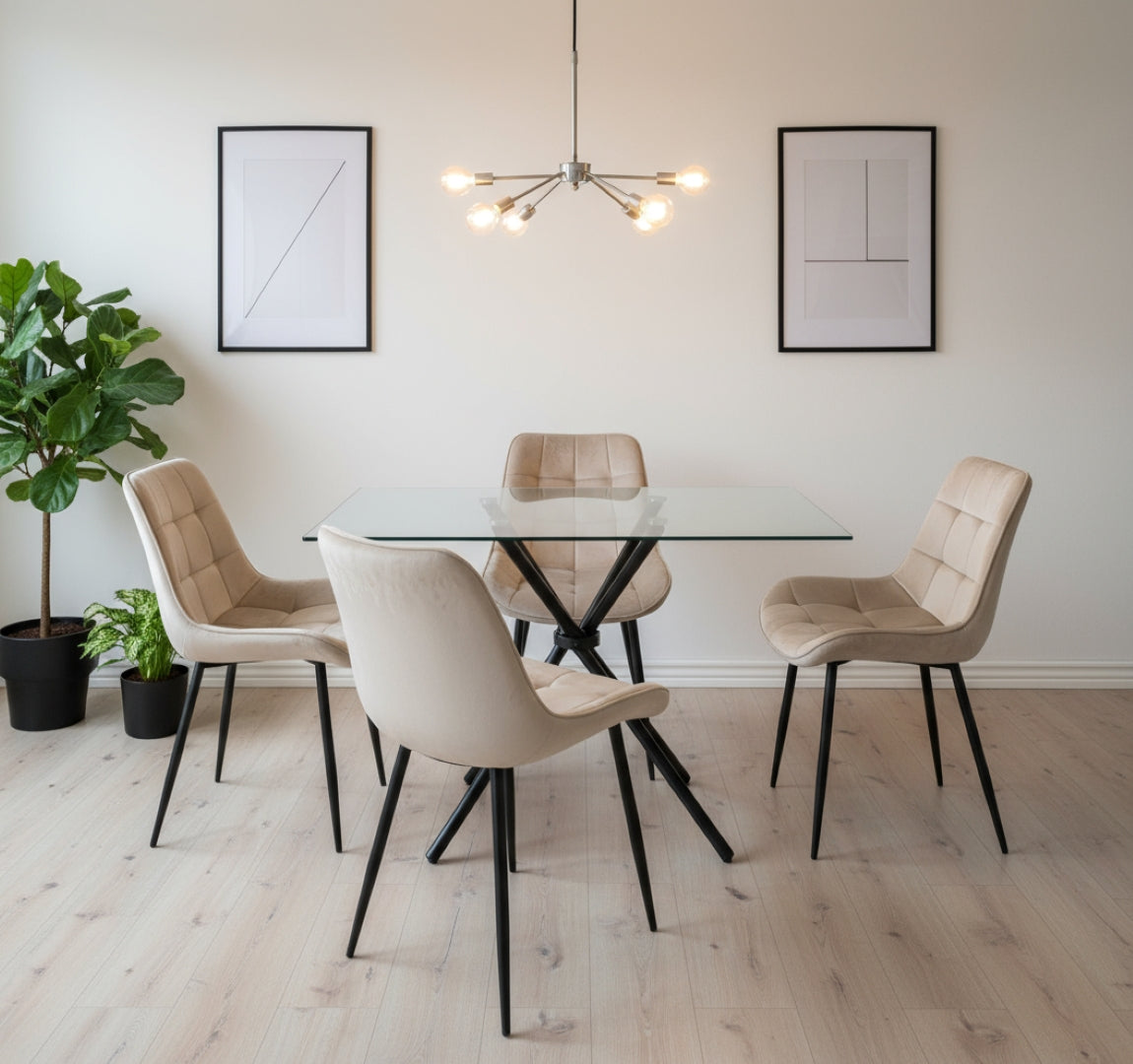 Miami Dining Table With 4 Erica Velvet Chairs | Cream