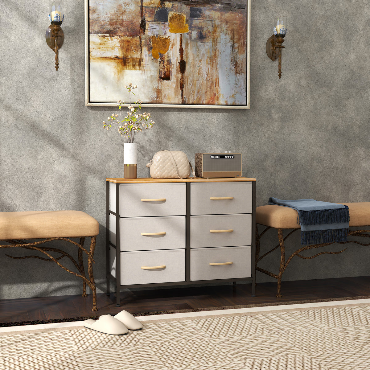 HOMCOM 6 Drawer Fabric Chest Of Drawers W/ Wooden Top For Hallway