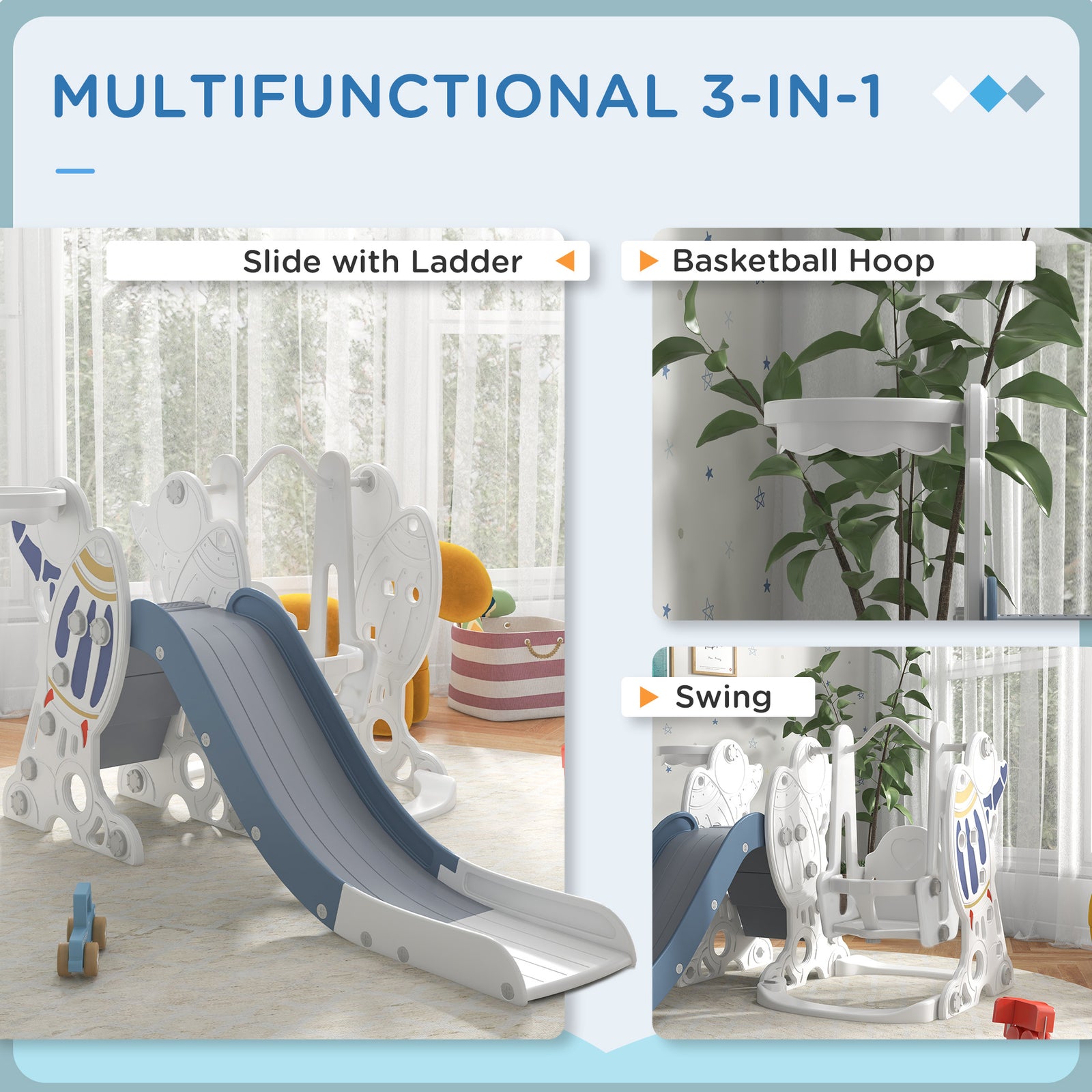 Space-themed Slide And Swing Set For Kids W/ Basketball Hoop | Blue