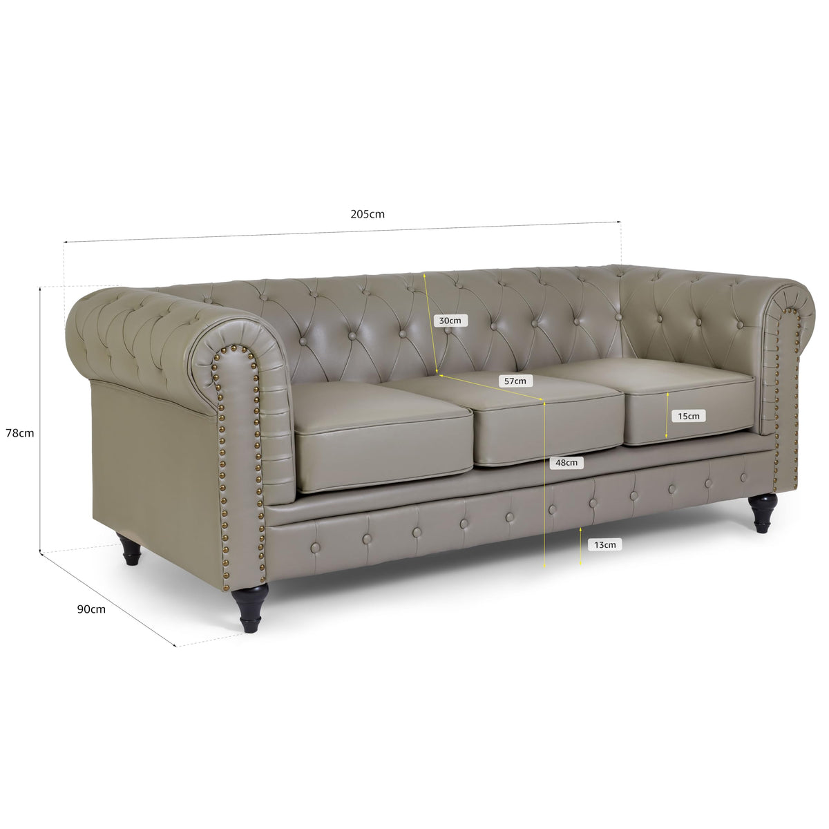 Chesterfield Scroll Arm Faux Leather Sofa 3 Seater | Grey