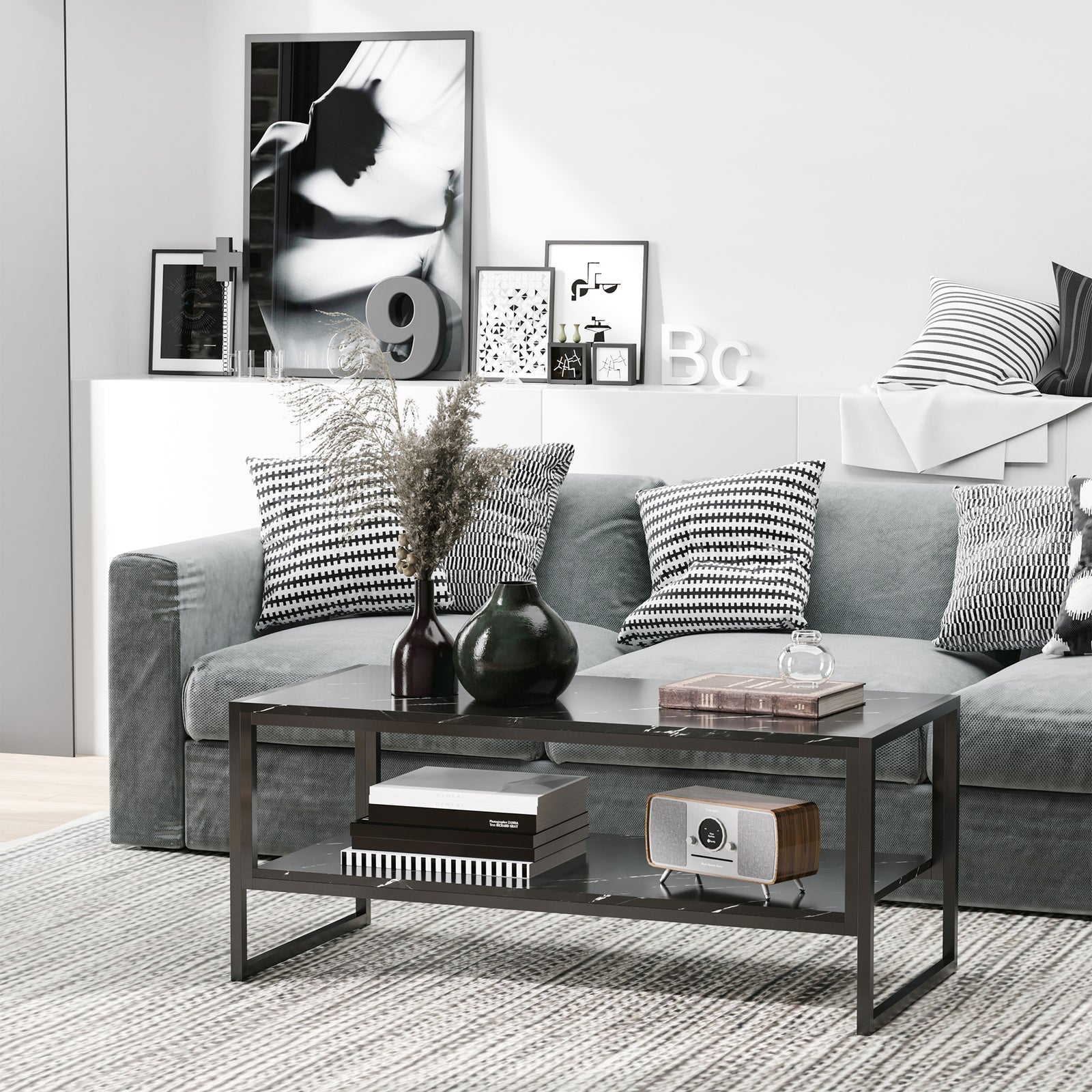 Two-tier Coffee Table, Marble Effect | Black