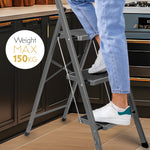 3 Step Ladder, Heavy-duty Steel Folding Home Diy Step Stool With Wide Non-slip Steps & Anti Slip Feet 150kg Capacity | 3 Step | Grey
