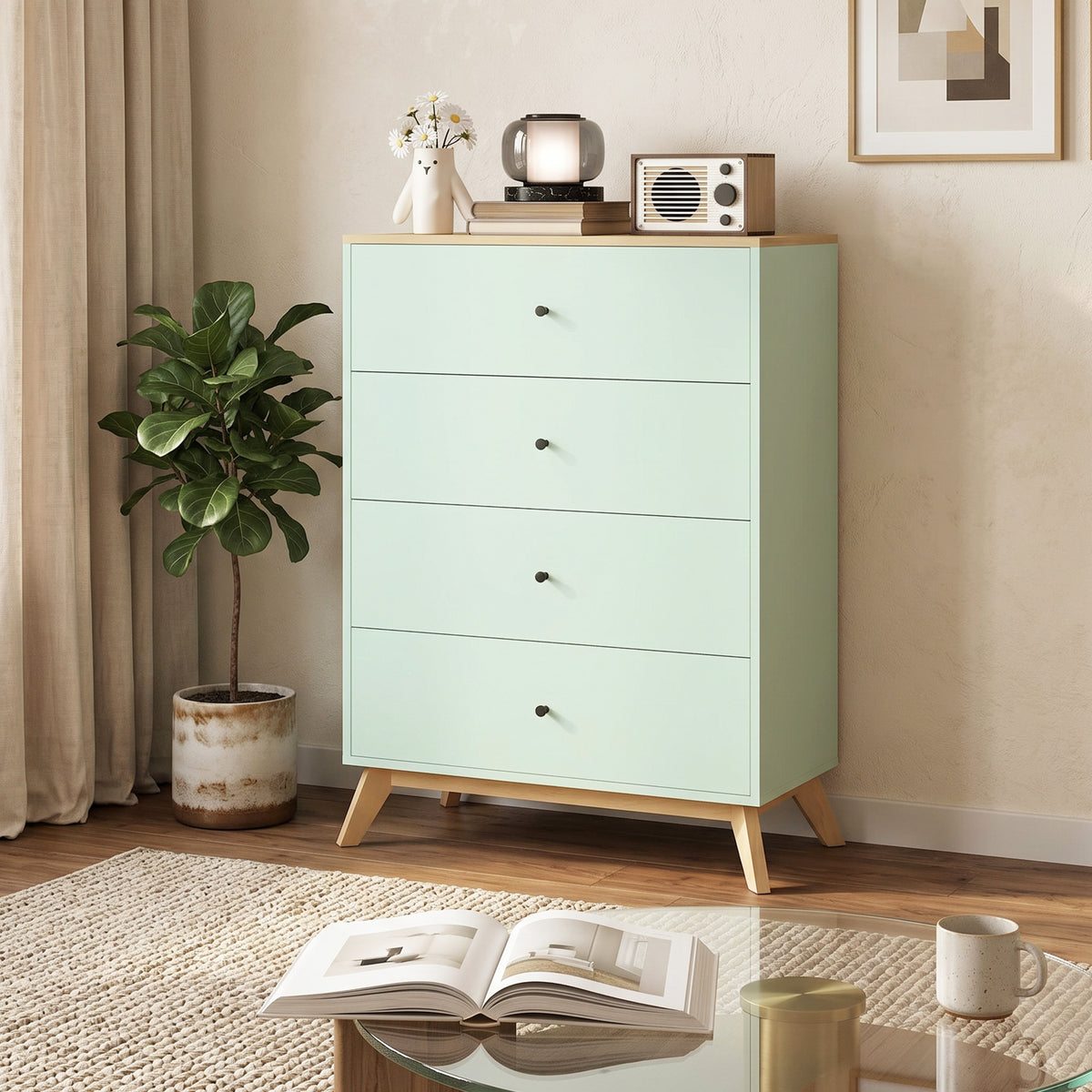 HOMCOM Chest Of Drawers, 4 Drawer Storage Cabinet, Light Green And Oak