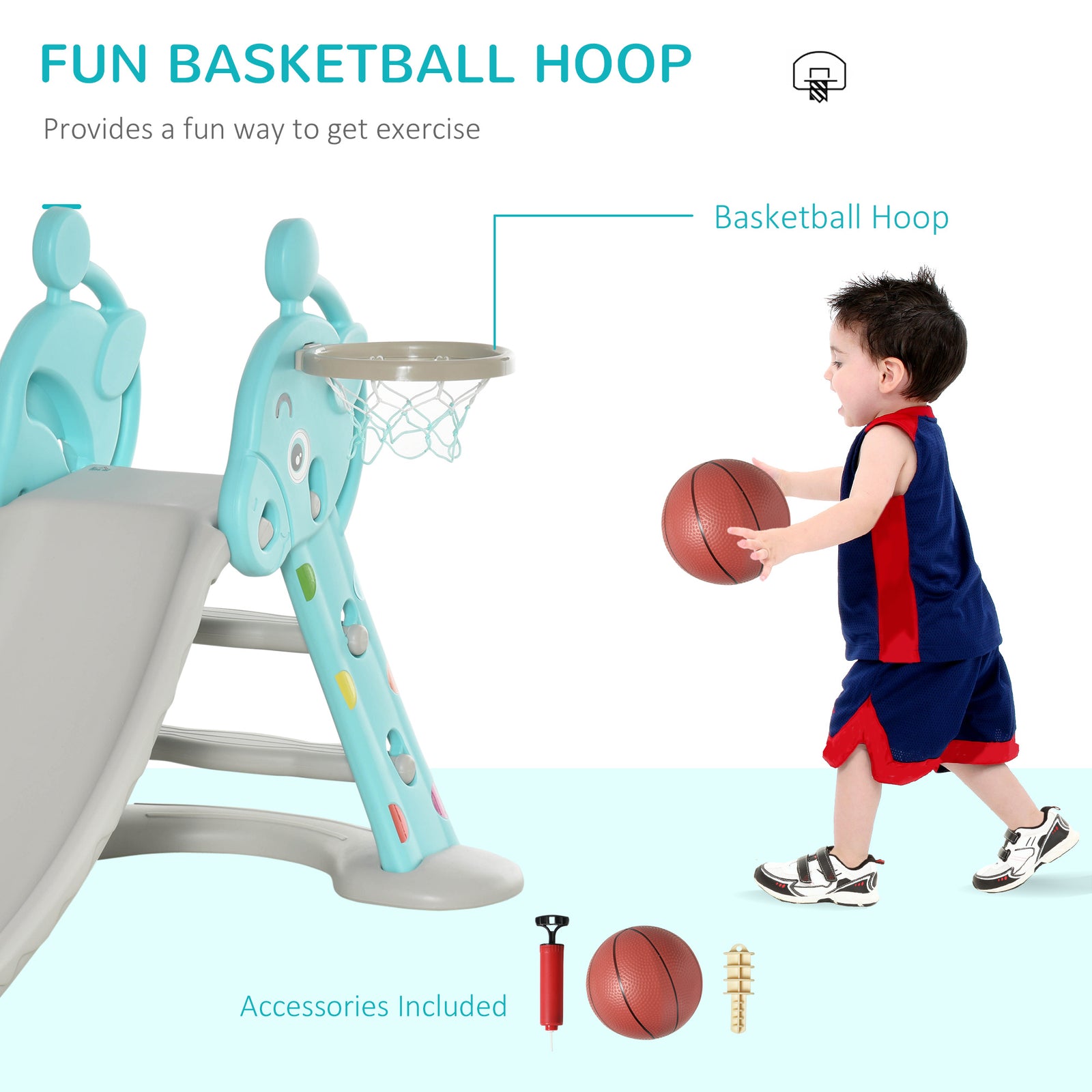 2 In 1 Kids Slide With Basketball Hoop 18 Months -4 Years Old Deer Blue