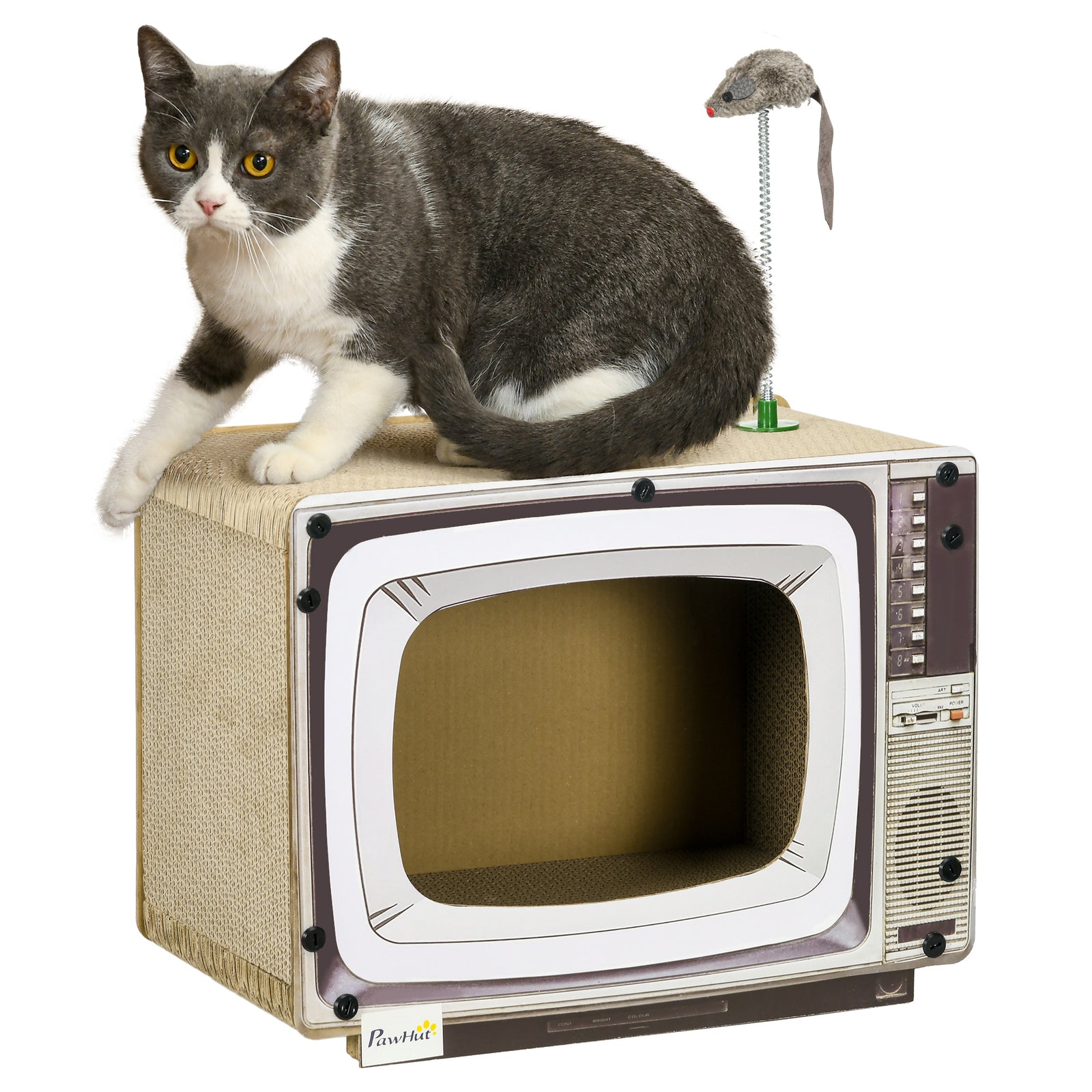 Tv-shaped Cardboard Cat House With Scratcher, Catnip, Toy Rat