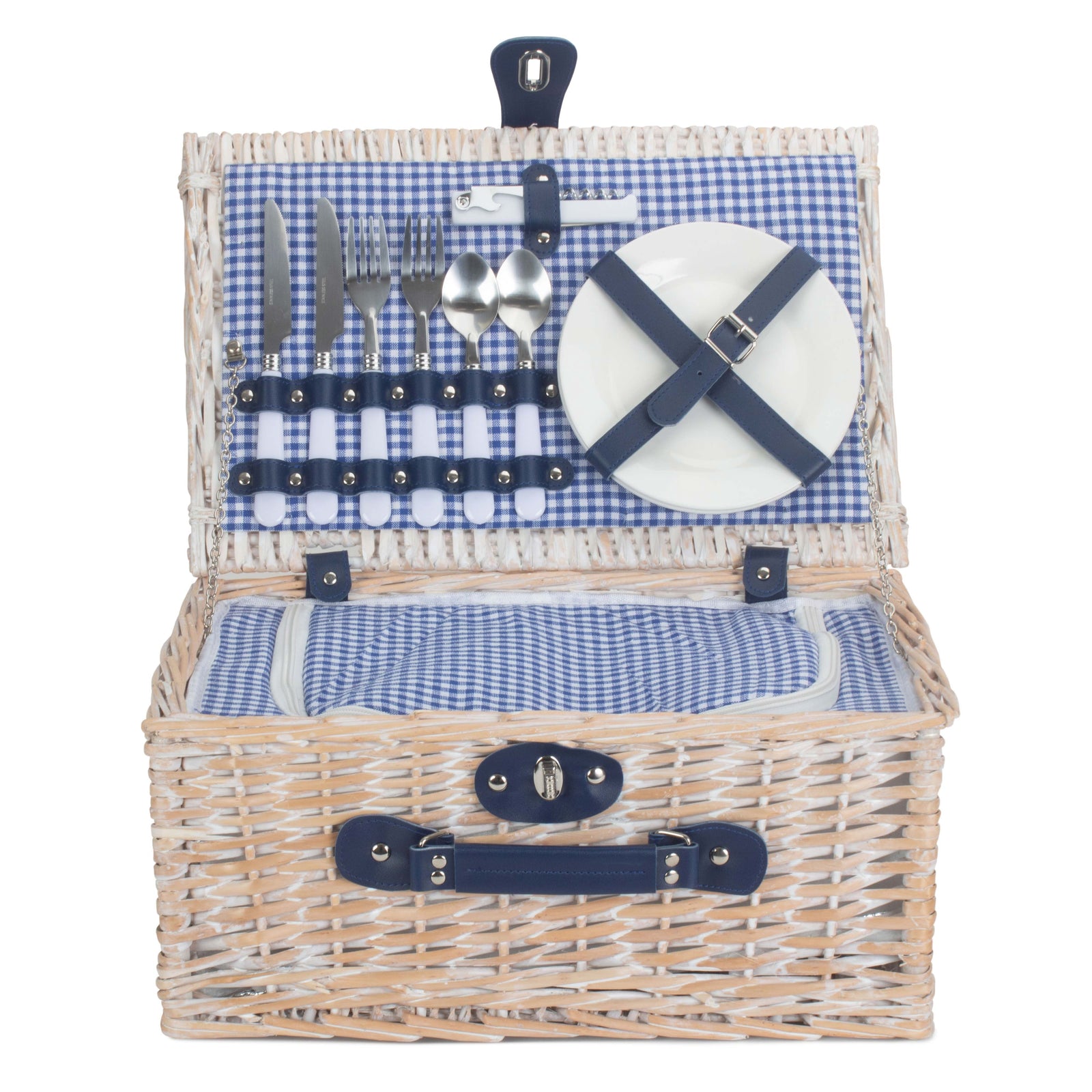 Gingham 2 Person Fitted Picnic Wicker Basket | Blue
