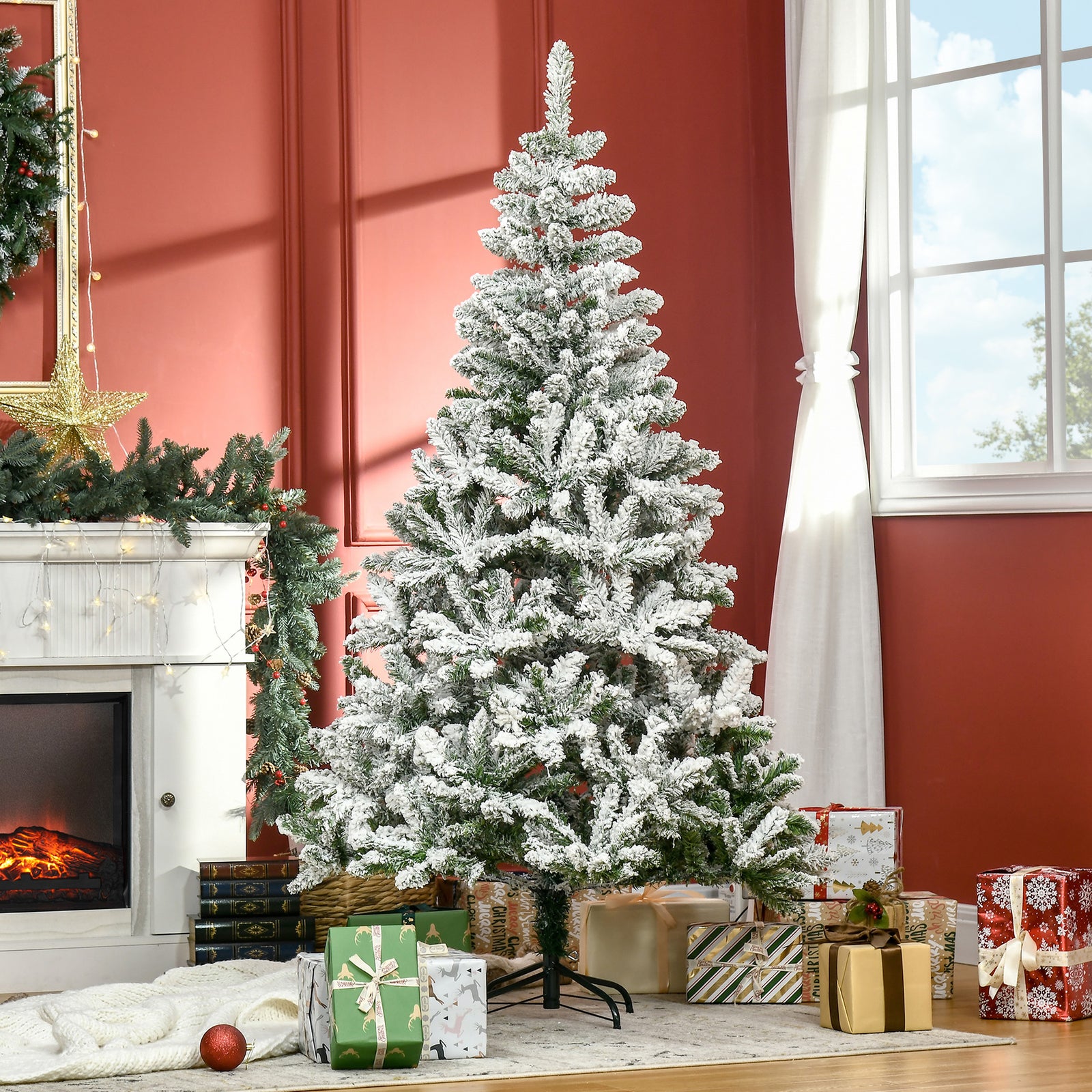 6ft Snow Flocked Artificial Christmas Tree W/ Realistic Branch Tips | 6ft | Green