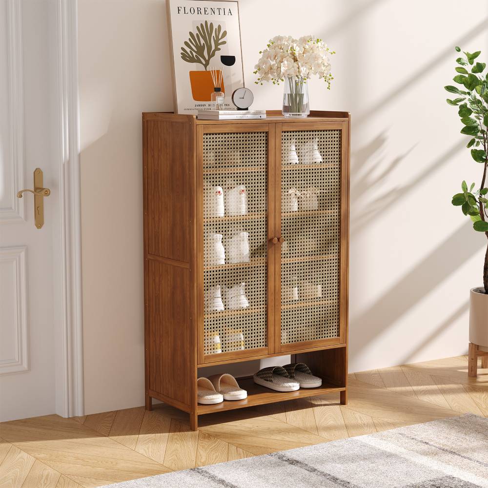 Natural Bamboo Shoe Cabinet – 2-door Rattan-style Storage Unit With 6 Shelves For Organized And Stylish Entryways