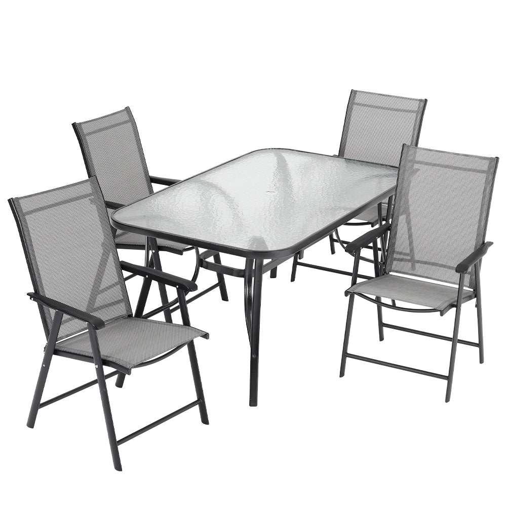 5 Pieces Garden Dining Set Outdoor Tempered Glass Coffee Table With Foldable Chairs