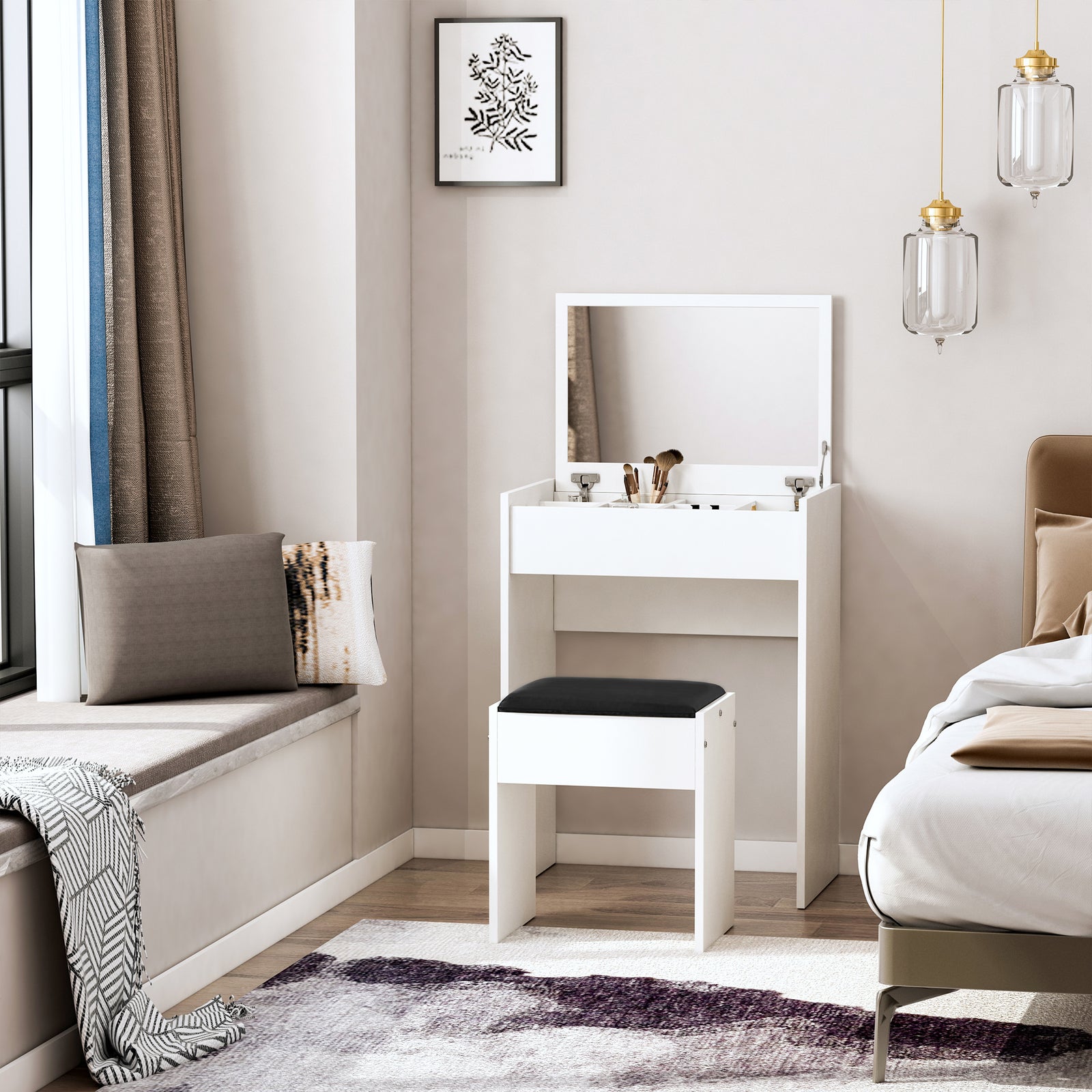 Dressing Table Set Cushioned Stool Flip-up Mirror Chipboard | One Size | White