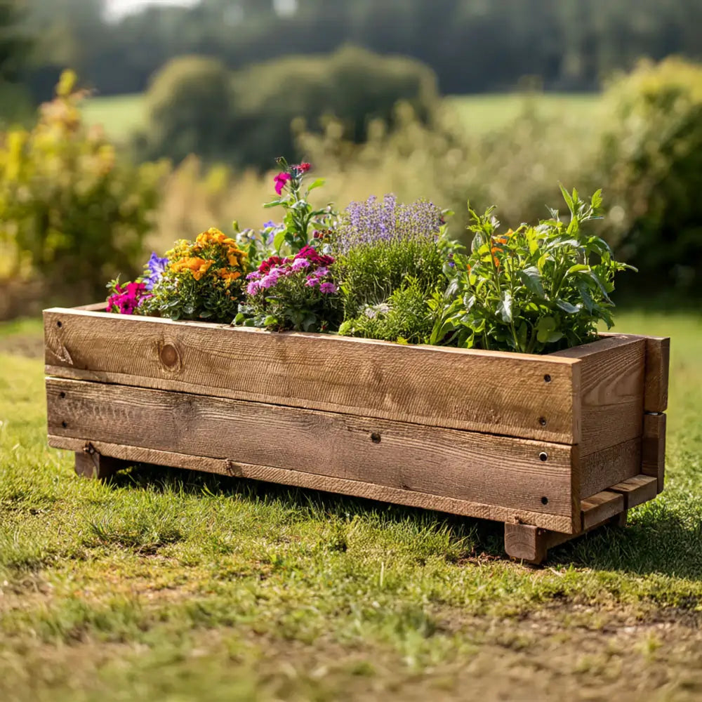 Pine Wooden Planter Flower Trough With Feet | 120cm x 18cm x 15cm | Brown