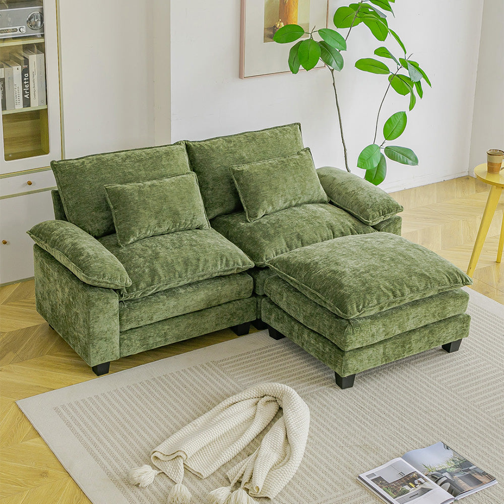 Chenille Sectional Sofa With Ottoman And Lumbar Pillows | Green