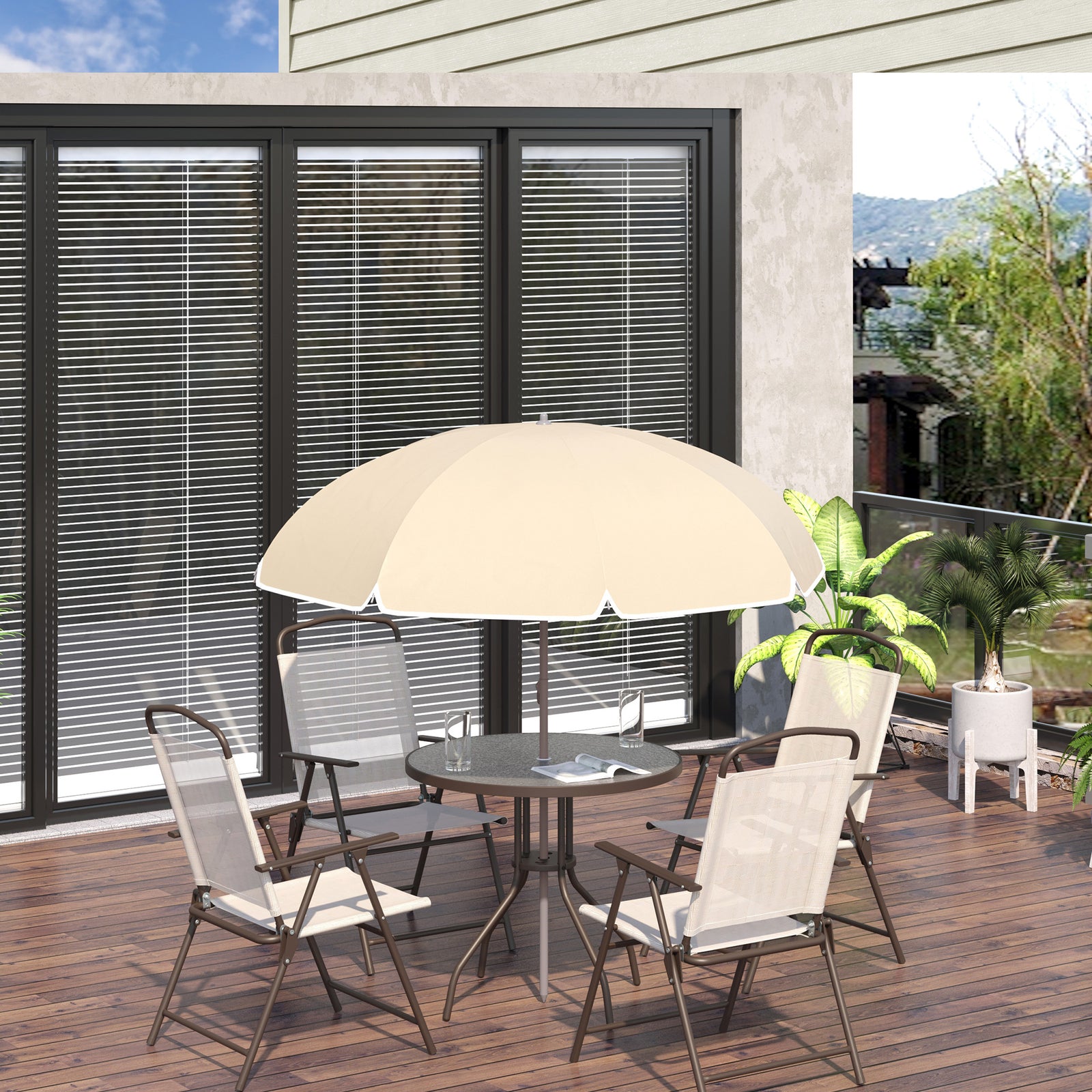 6pc Garden Dining Set Furniture Folding Chairs Table Parasol | Beige