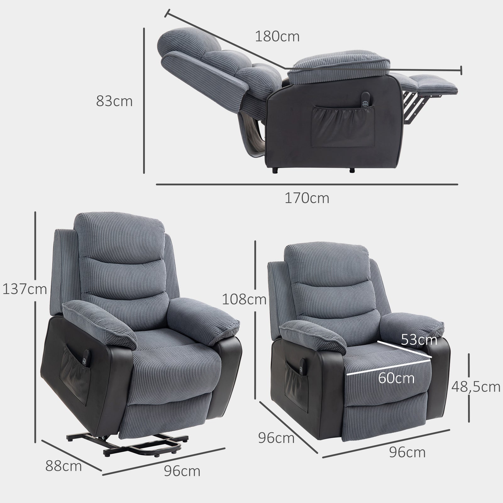 Power Lift Recliner Chair With Remote Control 2 Side Pockets | One Size | Gray