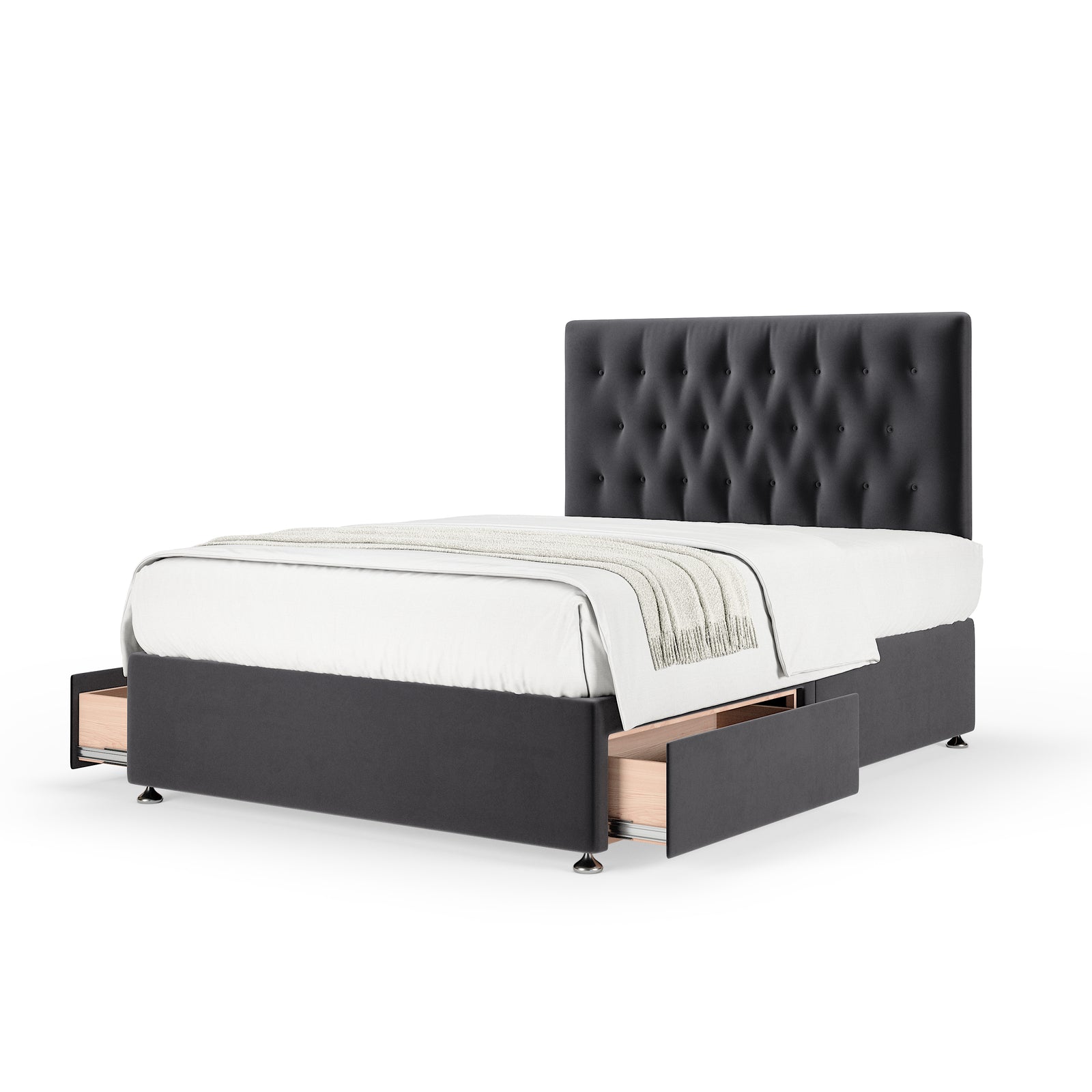 Plush Velvet 2 Drawer Divan Base And Button Headboard | Small Single | Graphite