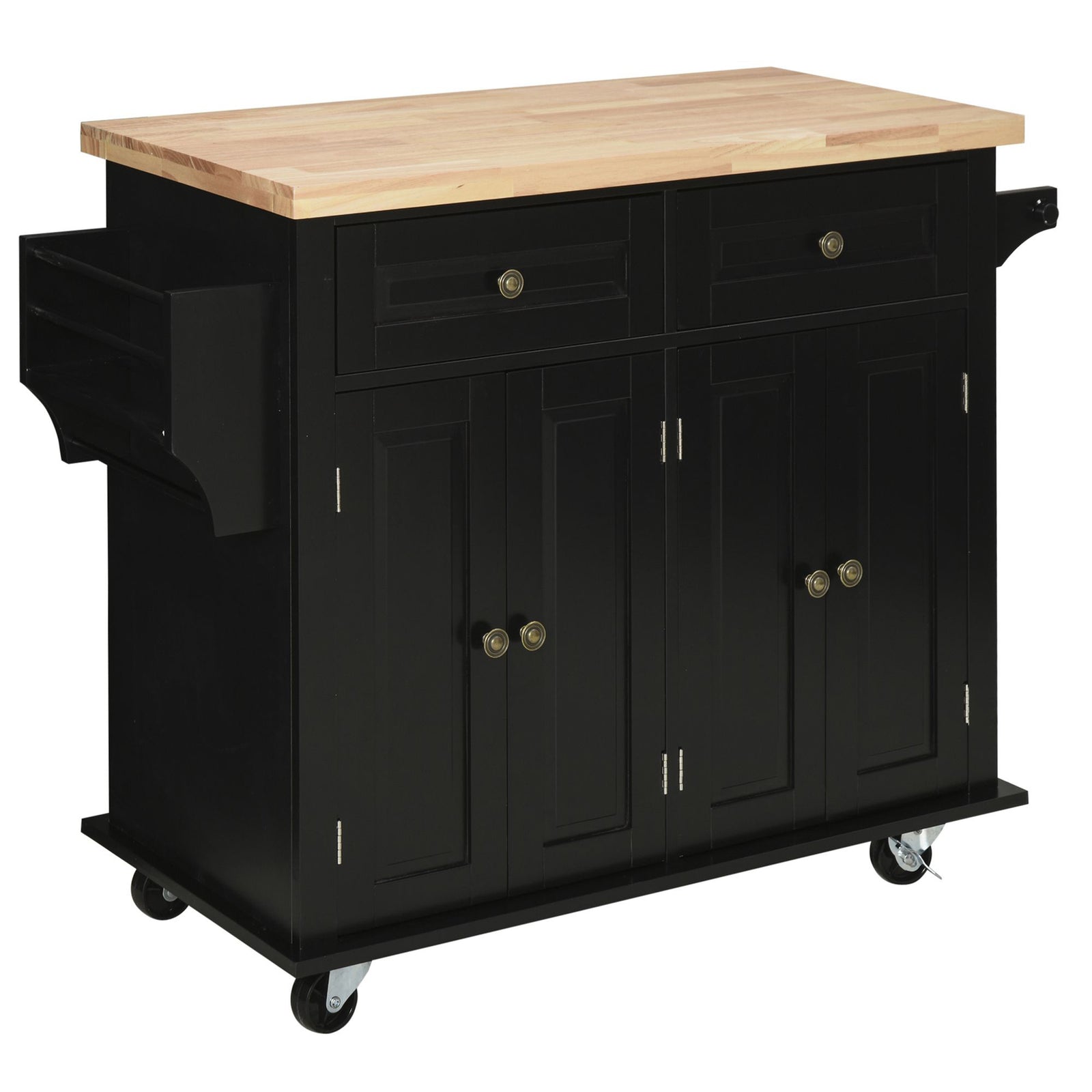 Rolling Kitchen Island Cart With Rubber Wood Top, Spices | Black