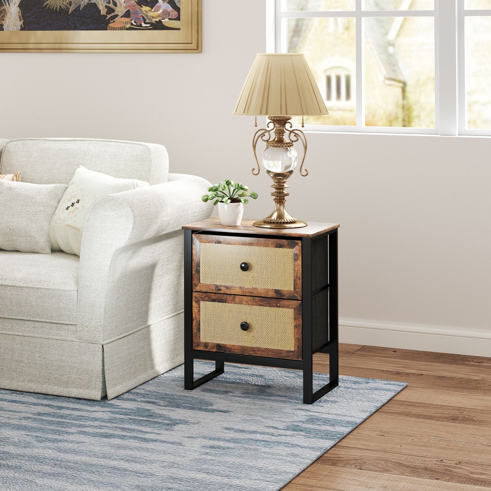 Bedside Table With 2 Rattan Drawers, Rustic Brown