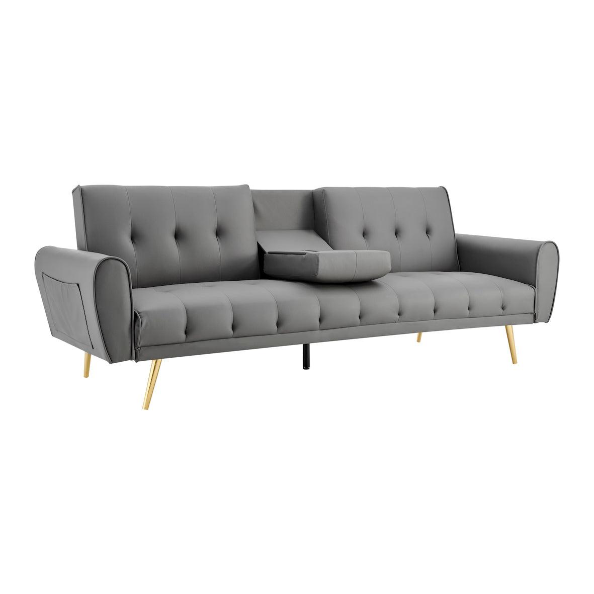 Faux Leather Sofa Bed With Cup Holders - 3 Seater | Grey