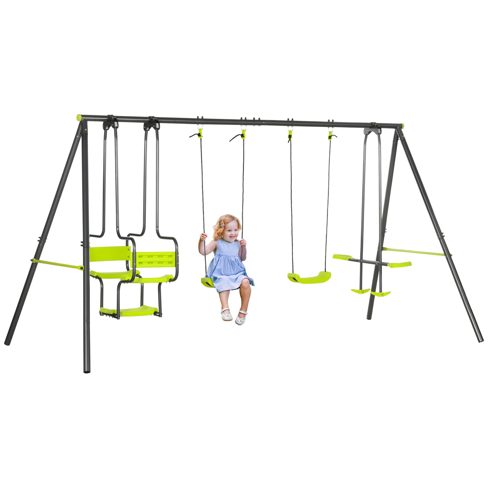 Garden Swing Set With Double Swings, Glider, Swing Seats For Outdoors