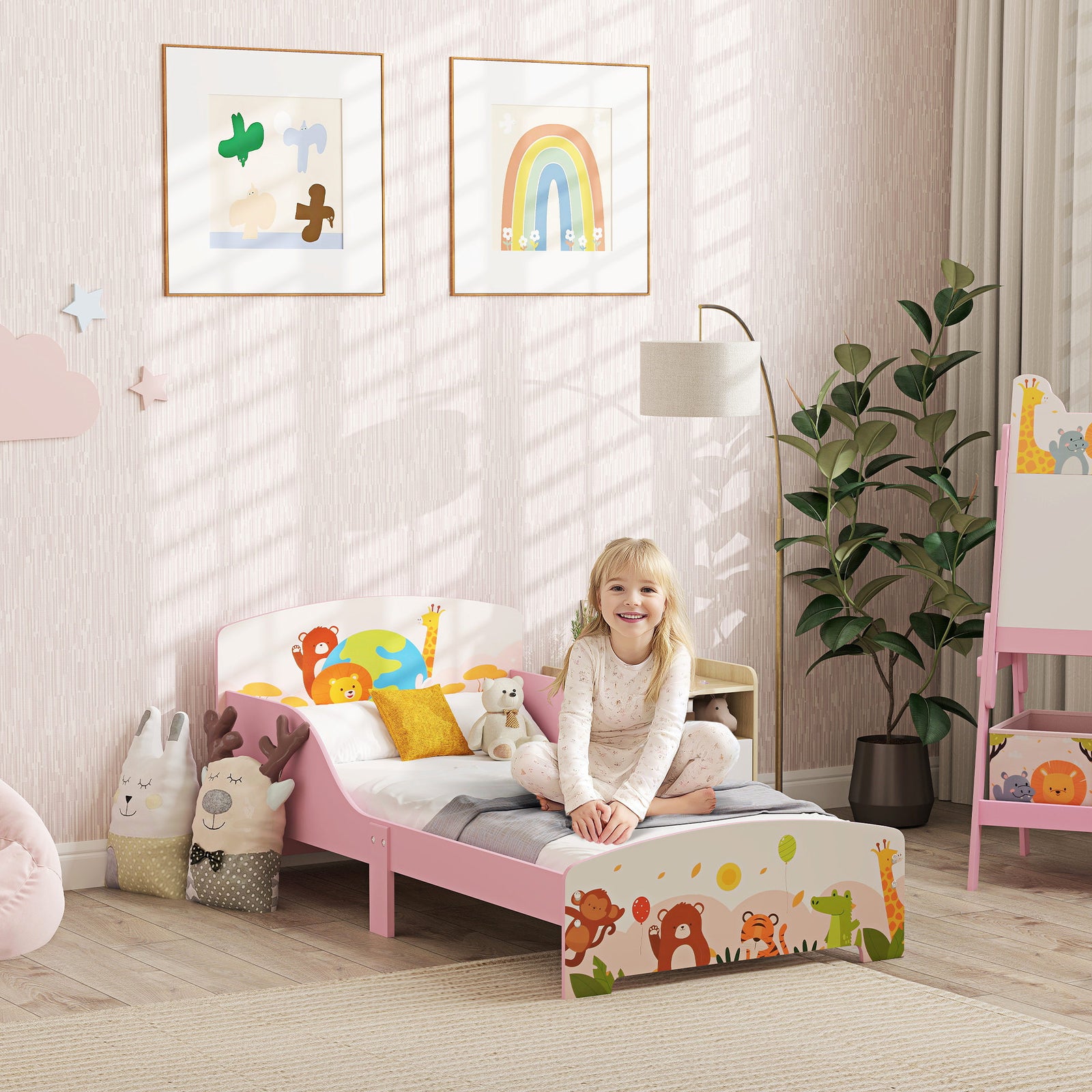 Toddler Bed, Cute Animal-themed Kids Bed Frame W/ Safety Rails, 143 X 77 X 60cm
