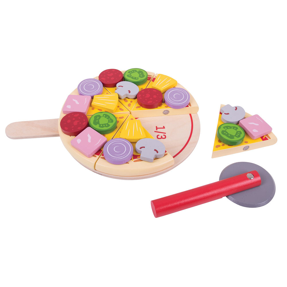 Wooden Pizza Cutting Set, With 6 Different Toppings