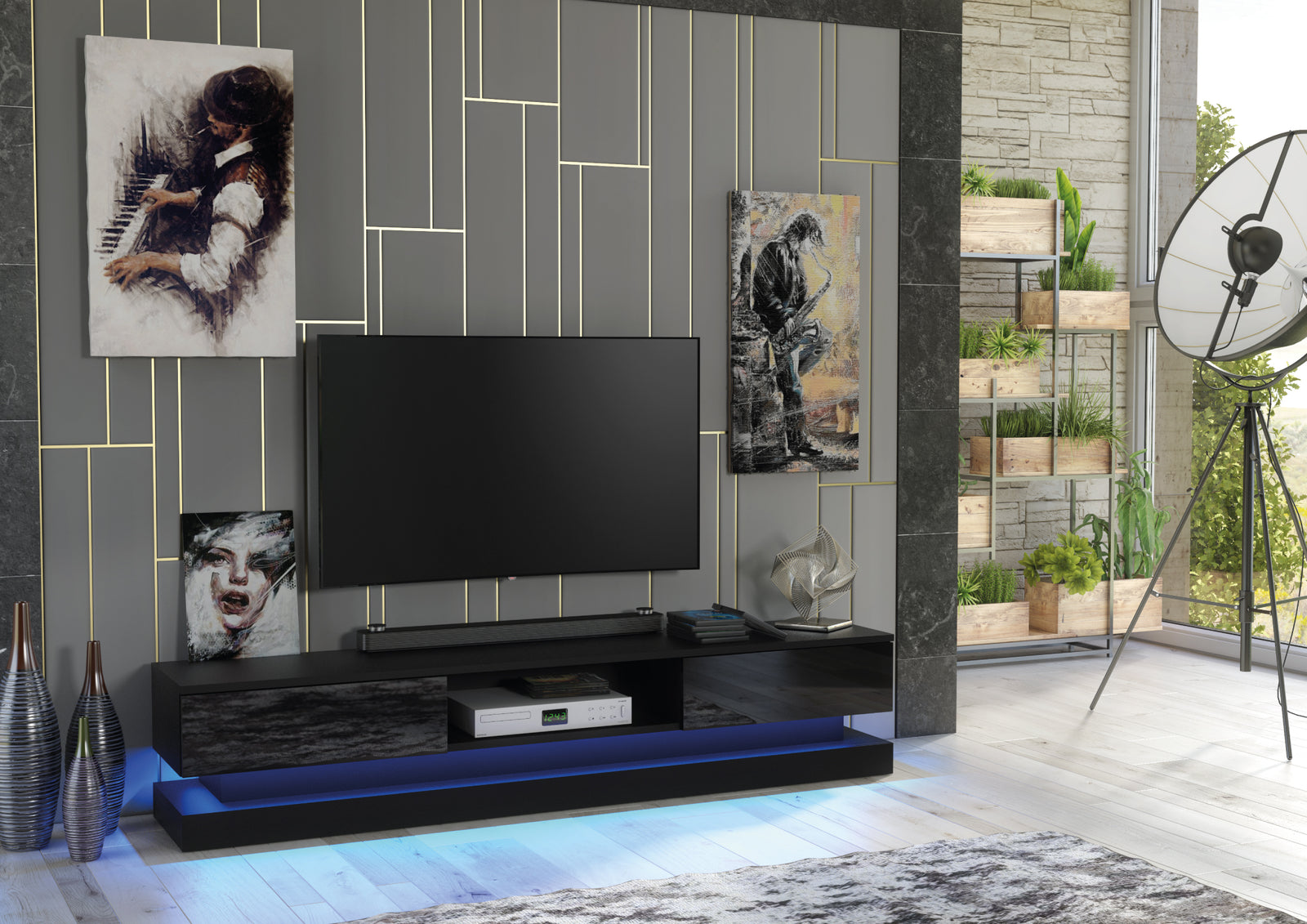 Bloom Tv Unit 180cm With Led Lights | Black