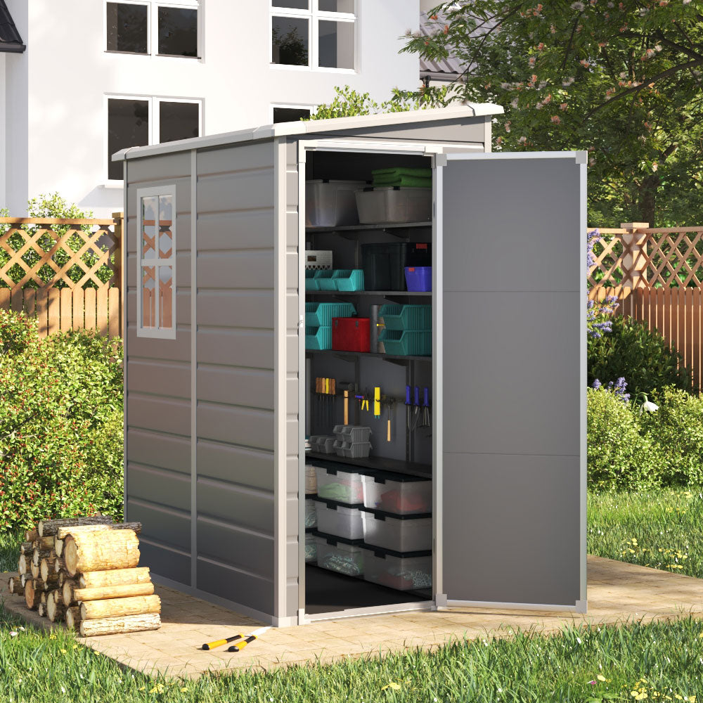 5x4ft Garden Plastic Storage Shed With Lockable Door | Large | Black & Grey