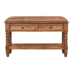 Solid Wood Leather Spindle Bench, 2 Drawers And Open Shelf, Beige