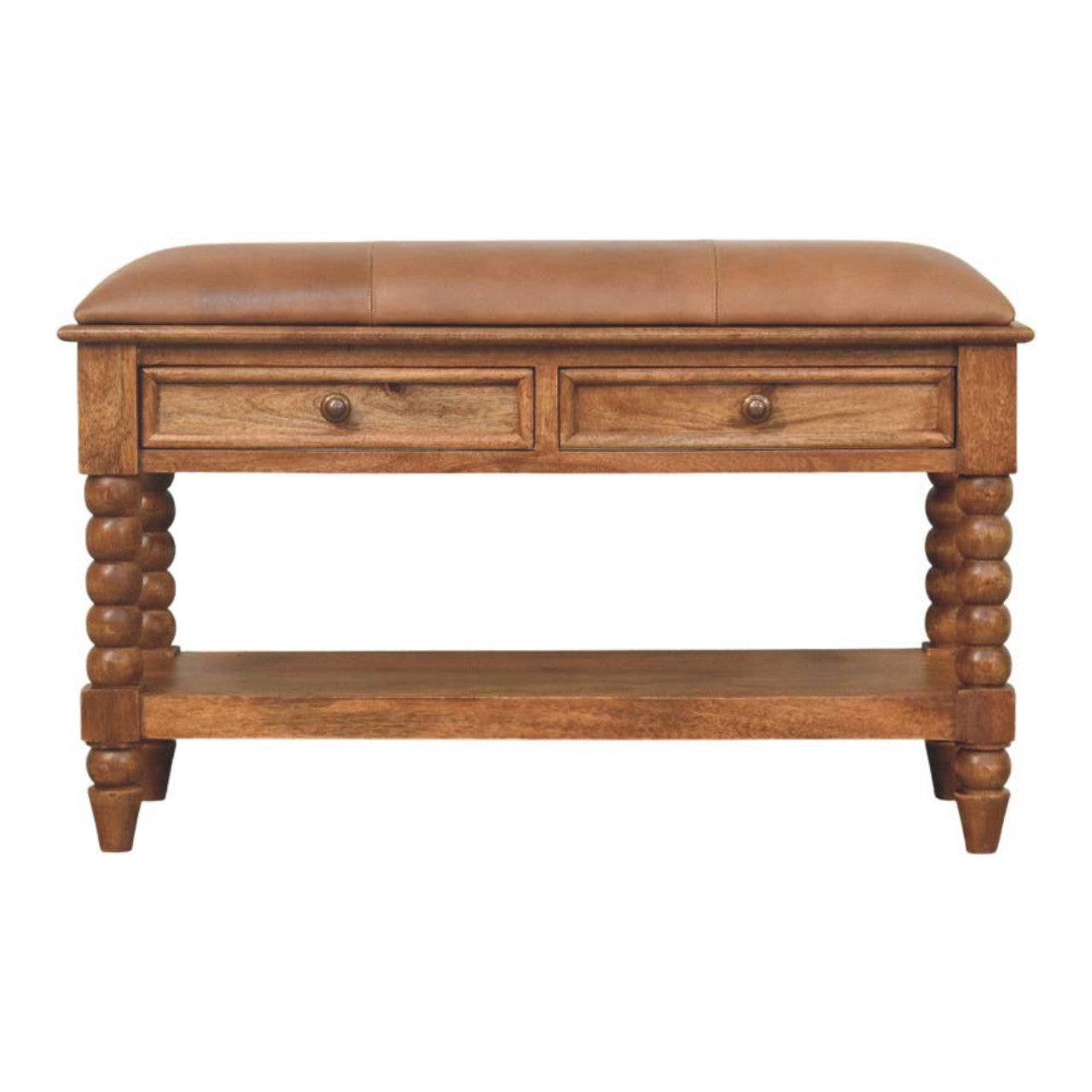 Solid Wood Leather Spindle Bench, 2 Drawers And Open Shelf, Beige