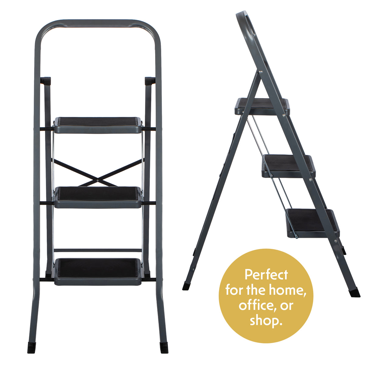 3 Step Ladder, Heavy-duty Steel Folding Home Diy Step Stool With Wide Non-slip Steps & Anti Slip Feet 150kg Capacity | 3 Step | Grey