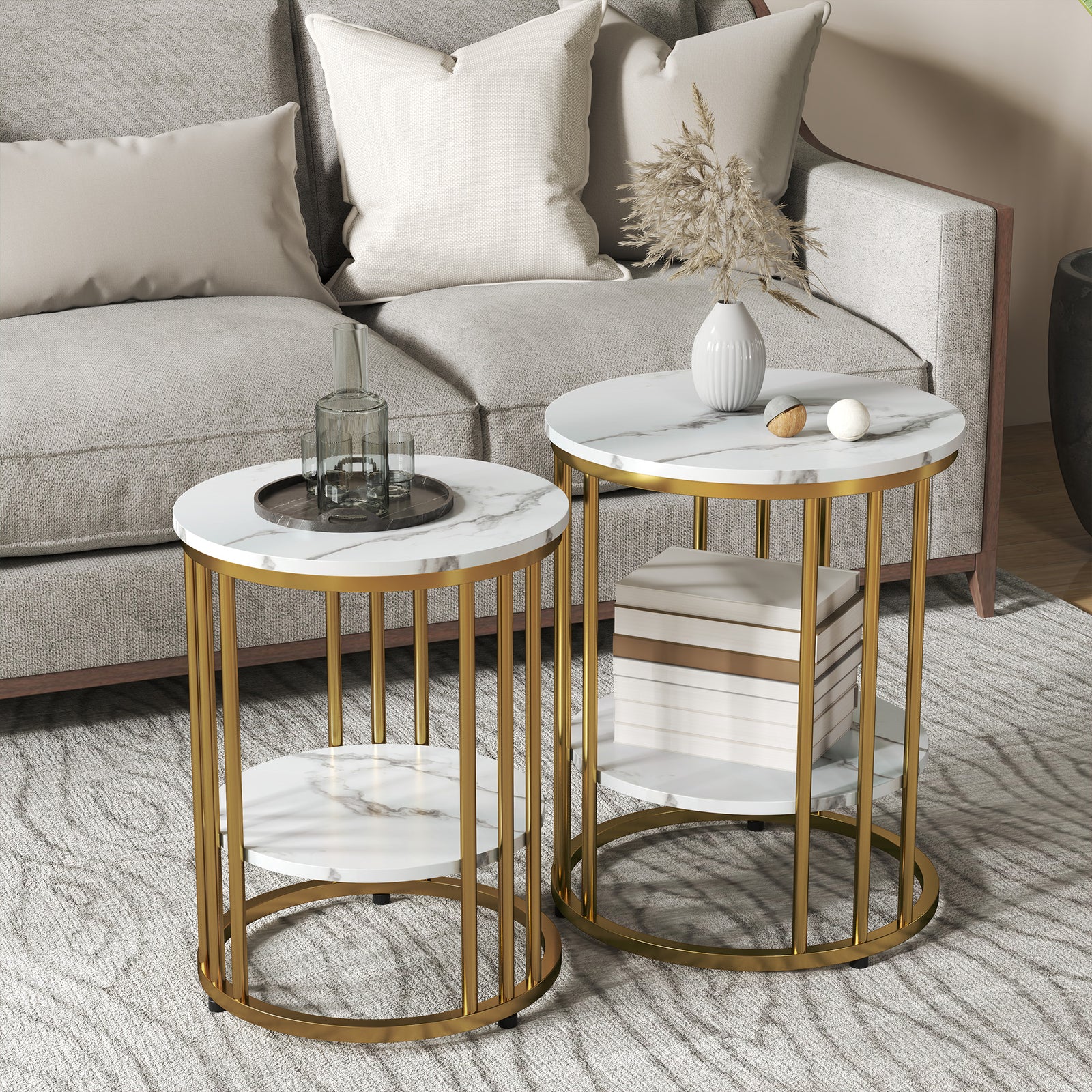 Marble-effect Round Coffee Table Set Of 2 For Living Room | Gold