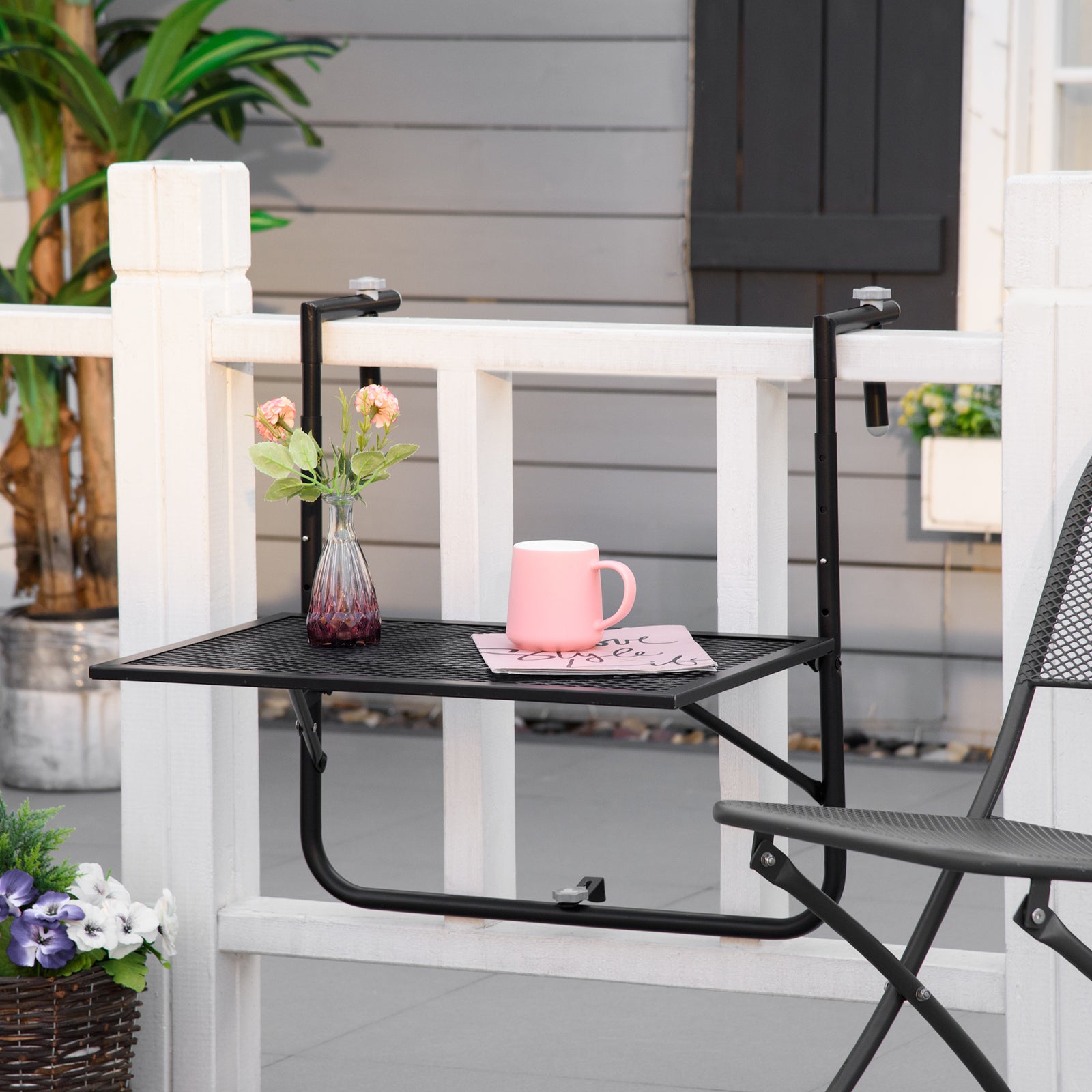 Balcony Hanging Table, Metal, Adjustable Folding, Black