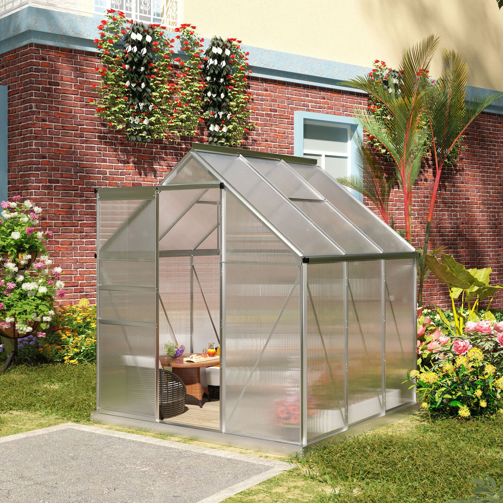Polycarbonate Walk-in Garden Greenhouse W/ Sliding Door