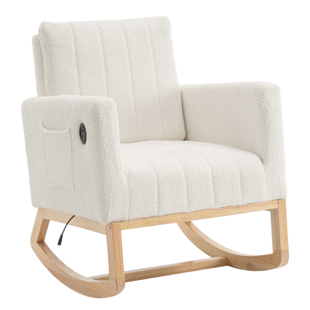 Teddy Fleece Upholstered Wood Base Rocking Chair With Charging Ports