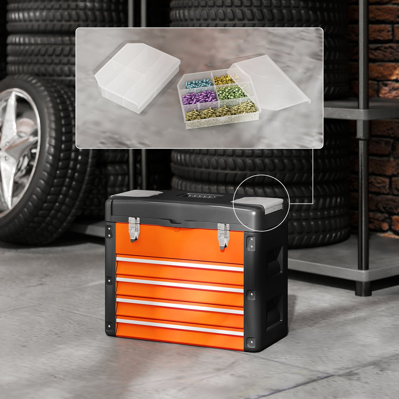 4 Drawers Large Tool Box, Steel Toolbox With Handle | Orange