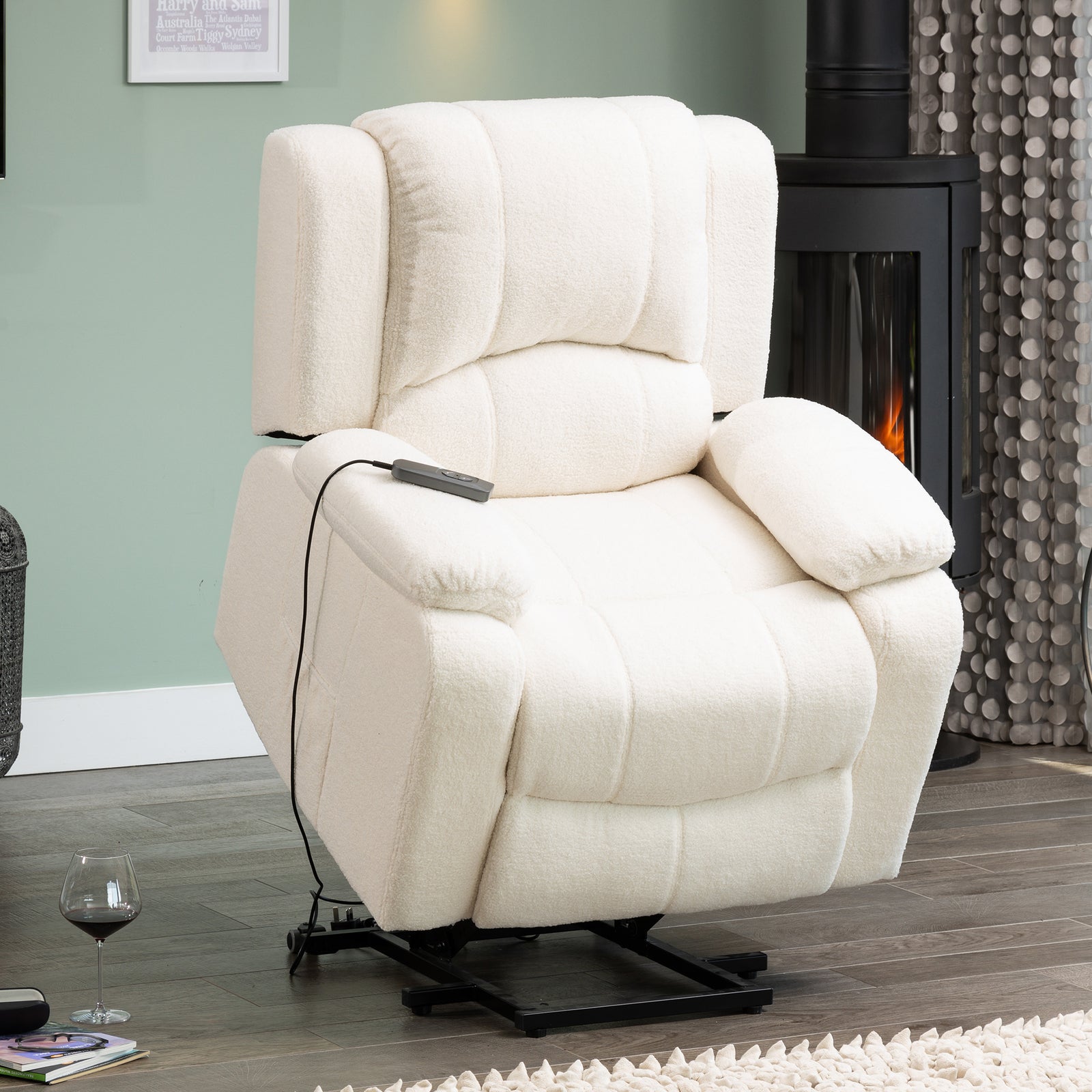 Ellington Boucle Fabric Electric Lift Assist Recliner With Massage And Heat | 1 | Cream