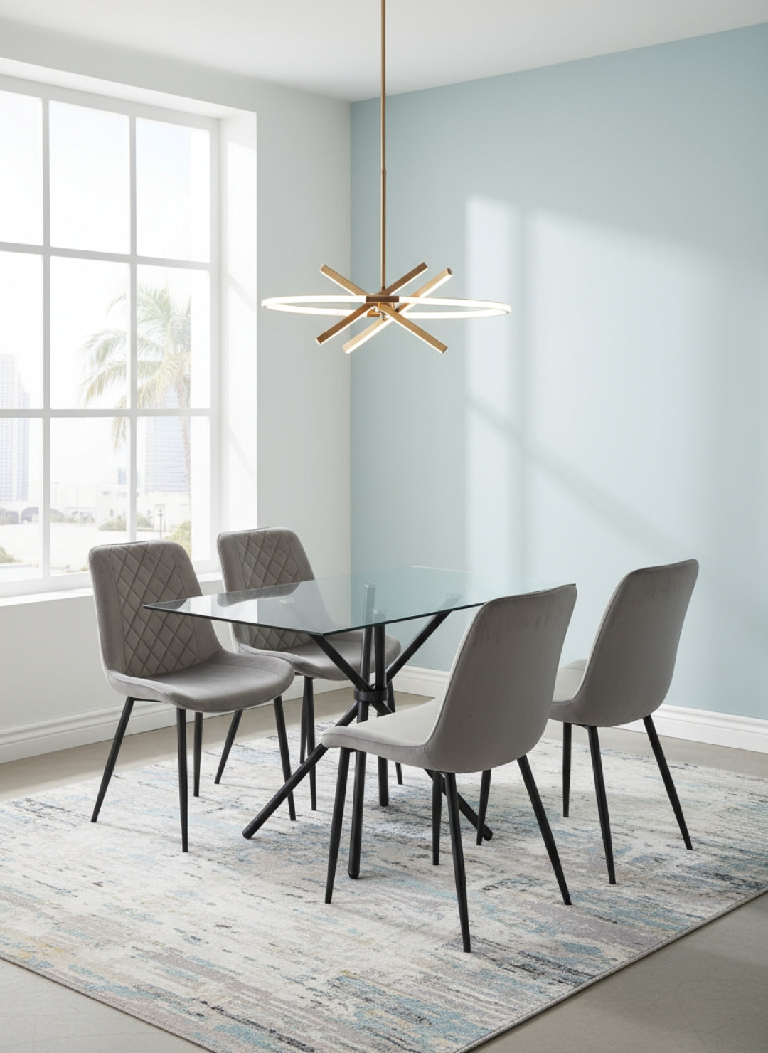 Stylish Miami Dining Table Set With 4 Velvet Amelia Chairs | Grey