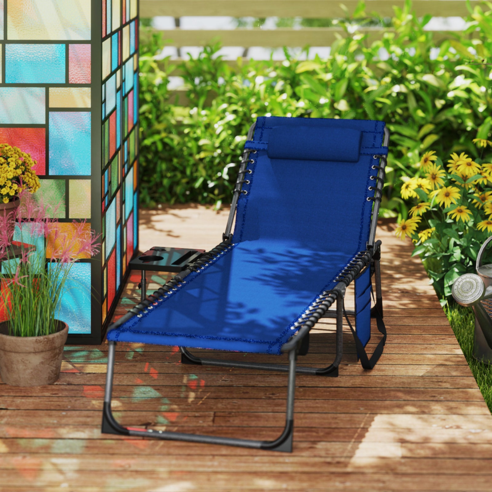 Folding Sun Lounger With 5-level Reclining Back, Side Table | Dark Blue