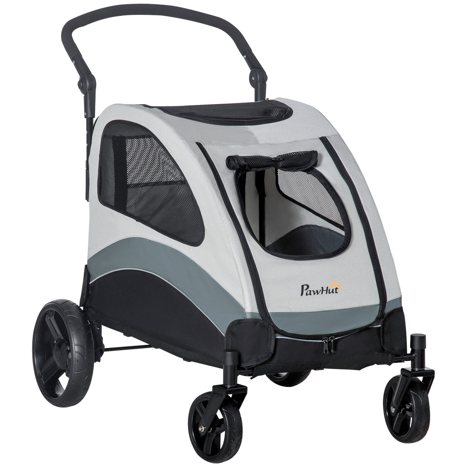 Dog Stroller Pet Pushchair Buggy Pram W/ 4 Wheels Safety Leash, Grey