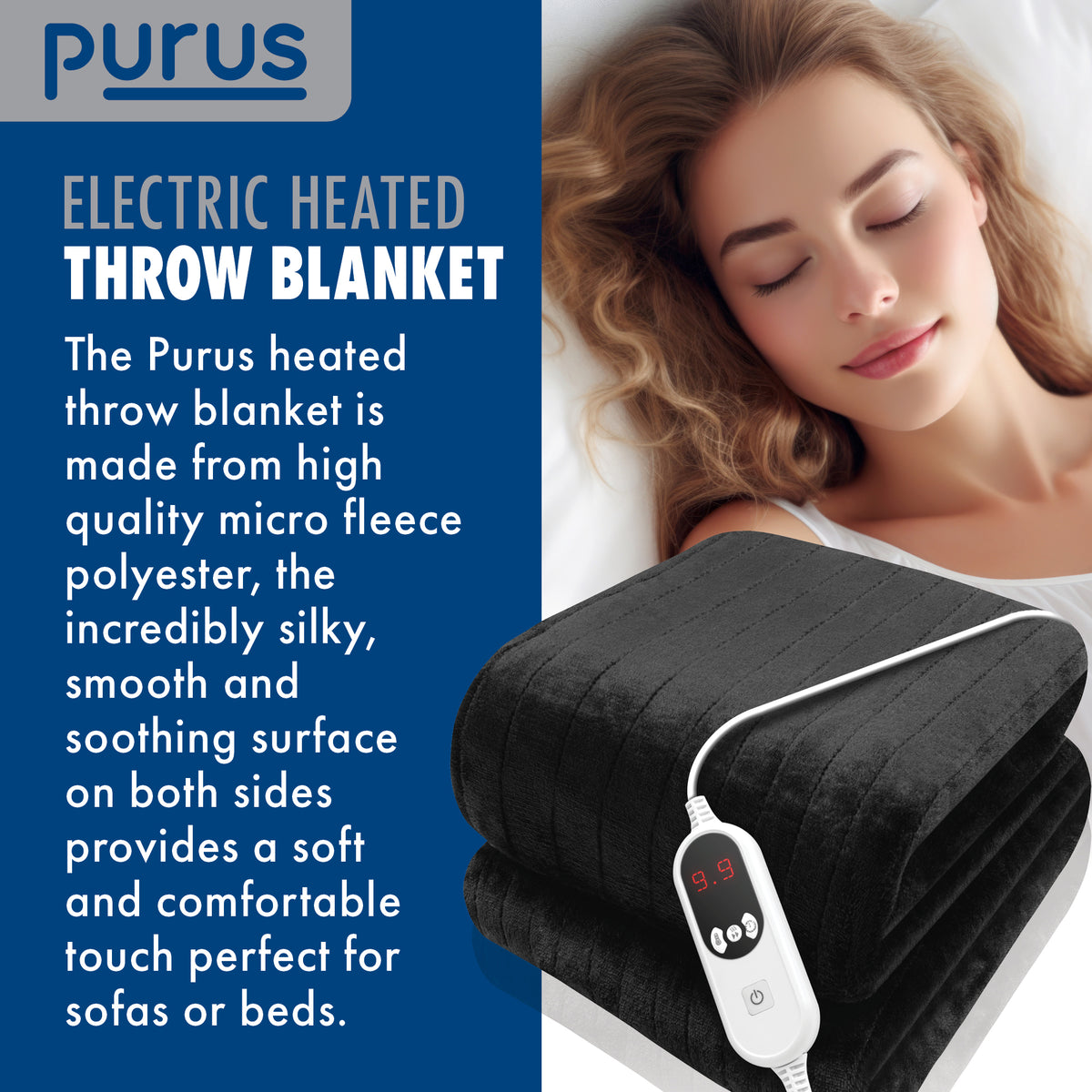 Deluxe Electric Throw Heated Double Over Blanket Soft Fleece 9 Heat & 12 Timer Settings | L | Black
