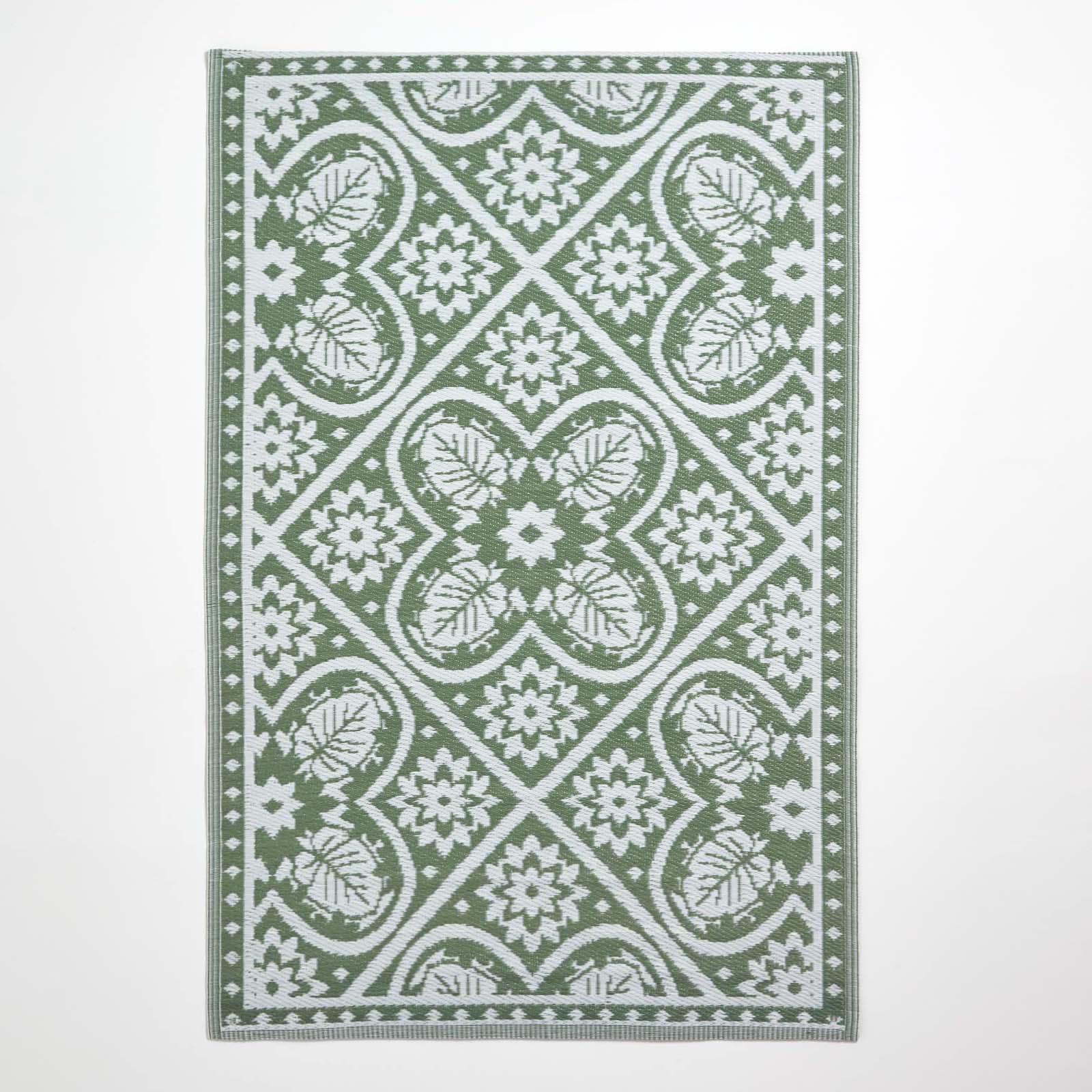 Luxury Outdoor Rug Waterproof Reversible For Garden Patio, Green Floral Leaf