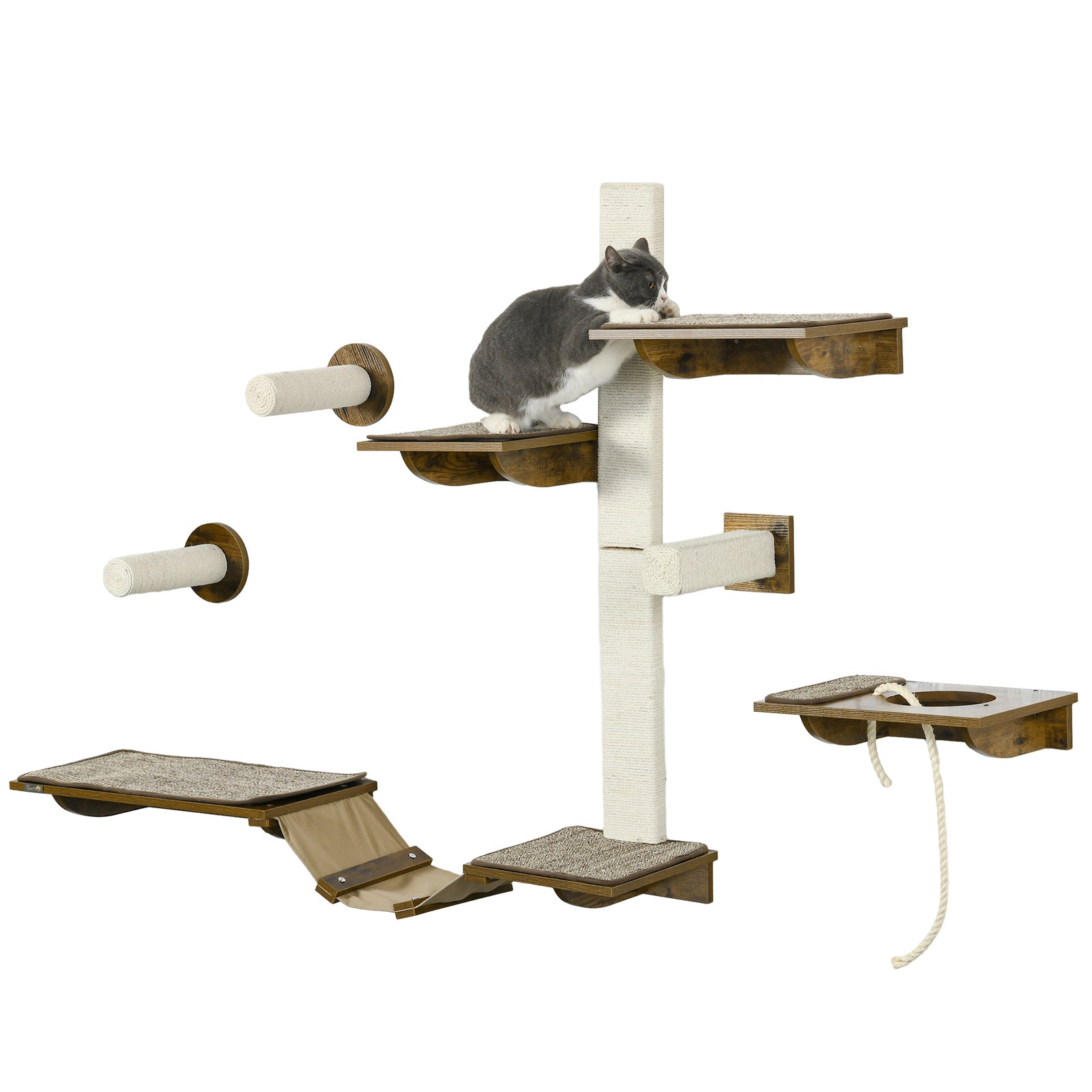 8pcs Wall Mounted Cat Shelves W/ Posts, Perches, Ladder - Brown